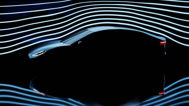 Electric vehicle aerodynamics test in wind tunnel, modern concept car engineering design for better speed performance, automotive physics smoke flow laboratory 3d illustration