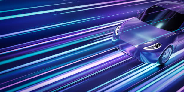 istock Futuristic generic cyber car racing on highway, Abstract high speed driving timelapse sport sedan light trails motion blur effects at night track 3d rendering, colorful supercar acceleration 1446683683