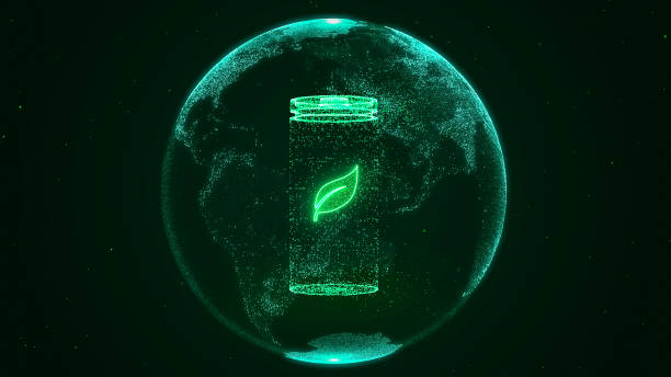 lithium ion battery recharging with eco leaf symbol, clean renewable green innovation for world environment, net zero emission energy storage technology, carbon neutral power concept 3d rendering - the natural world plant attribute natural phenomenon mineral imagens e fotografias de stock