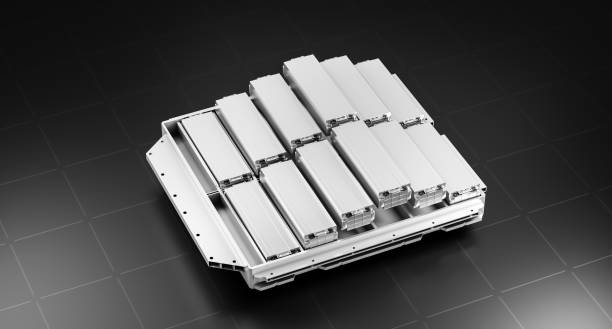 Electric vehicle lithium ion rechargeable battery module inside metal enclosure packed for car, solid li-ion cell pack manufacturing for ev automotive energy storage industry 3D rendering módulo de batería recargable de iones de litio para vehículos eléctricos dentro de una carcasa metálica empaquetada para automóviles, fabricación de paquetes de celdas de iones de litio sólidos para la industria de almacenamiento de energía automo
