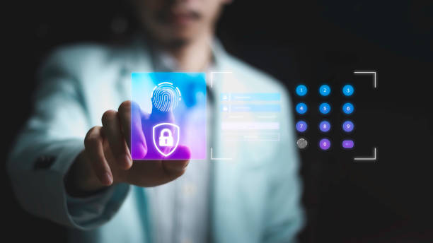Person touching protecting personal information by fingerprint scanning, online financial transactions, secure access to computer networks and digital systems. Customer Data Protection cyber security. persona tocando la protección de la información personal mediante el escaneo de huellas dactilares, transacciones financieras en línea, acceso seguro a redes informáticas y sistemas digitales. protección de datos del cliente ciberseguridad.