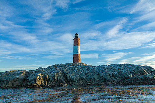 Montauk Lighthouse and beach in Long Island, New York, USA.