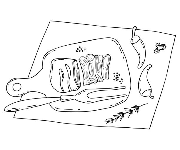 ilustrações, clipart, desenhos animados e ícones de comida mexicana de carne grelhada. carne asada carne grelhada, pedaços de carne na tábua da cozinha com pimentas e garfo grande. desenho linear vetorial em estilo doodle de prato nacional latino-americano. - fork silverware sketch kitchen utensil