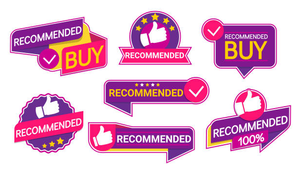 Recommend banner with thumb up emblem. Set of recommend emblems, isolated icons with thumb up emblem as recommendation of best seller or good advice to buy and best choice with positive feedback. Bestseller stickers. Vector illustration. best seller concept stock illustrations