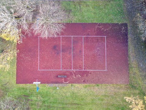 Tennis Clay Court. View from the bird's flight. Aerial photography. Aerial view of empty tennis court. Top view of the tennis courts.
