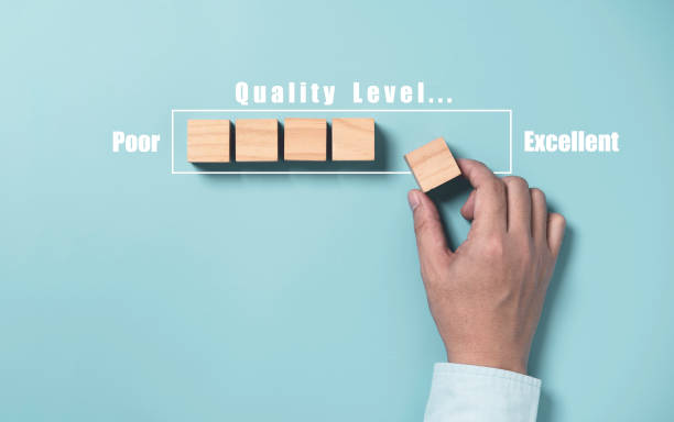 istock Businessman array wooden block cube for increasing quality level from poor to excellent , Continuous quality improvement concept. 1446692905