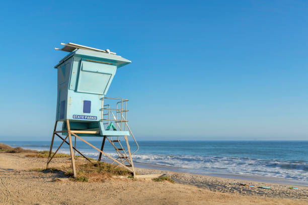 istock Light blue lifeguard tower on a sandy shore at San Clemente, California 1446693229