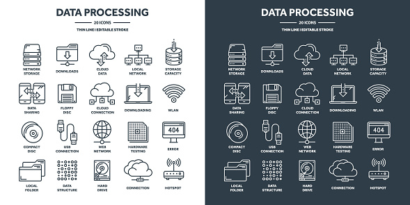 Cloud computing and internet technology, database remote access. Web hosting, online services data protection. Information security, data sharing and backup. Thin line icons set. Vector illustration.