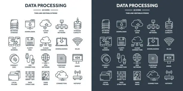 Vector illustration of Cloud computing and internet technology, database remote access. Web hosting, online services data protection. Information security, data sharing and backup. Thin line icons set. Vector illustration