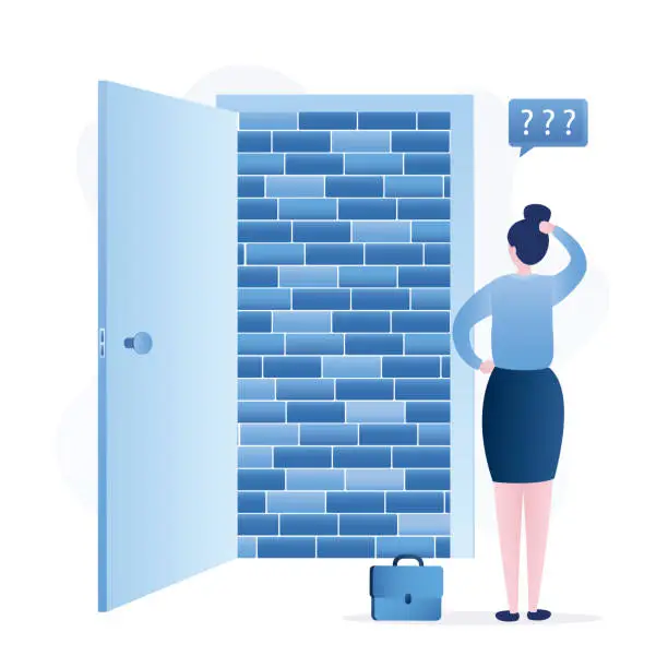 Vector illustration of Brick wall behind an open door. Businesswoman stopped in front of difficulties. Dead end, concept. Overcoming obstacles in work and business. Gender gap, discrimination.