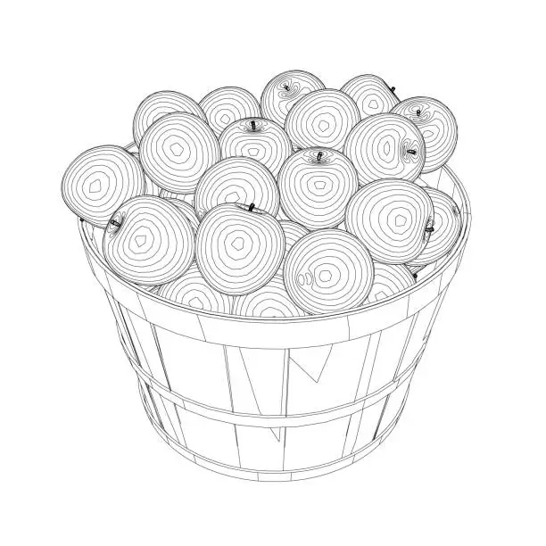 Vector illustration of Outline of a pile of apples in a bucket from black lines isolated on a white background. Isometric view. 3D. Vector illustration.