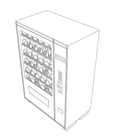 Outline of a vending snack machine from black lines isolated on a white background. Isometric view. 3D. Vector illustration.