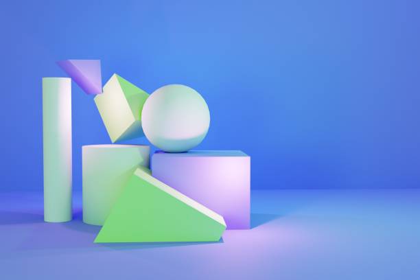 istock 3D rendering. 3D illustration. Abstract and geometric scene with a sphere, triangles, cylinders and rectangles on blue background. 1446698581