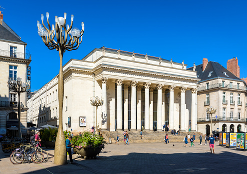 Nantes, France - September 17, 2022: The Théâtre Graslin is a theatre and opera house located in Place Graslin square, achieved in 1788 in a neoclassical style with an eight-column facade.