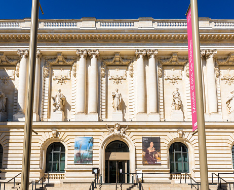 Nantes, France - September 18, 2022: Close-up view of the facade of the Musée d'Arts de Nantes (Fine Arts Museum of Nantes), achieved in 1801 in a Beaux-Arts style by french architect Clément Josso.