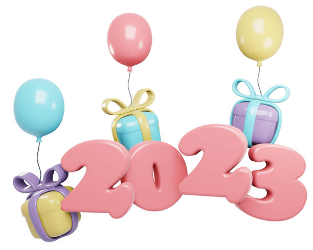 istock 3D Render New Year 2023 number with balloon and gift. 3D Render illustration. 1446699457
