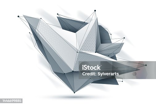 istock Low poly abstract form isolated on white, vector future shape design polygonal art, dimensional geometric dynamic tech theme, with mesh lines. 1446699885
