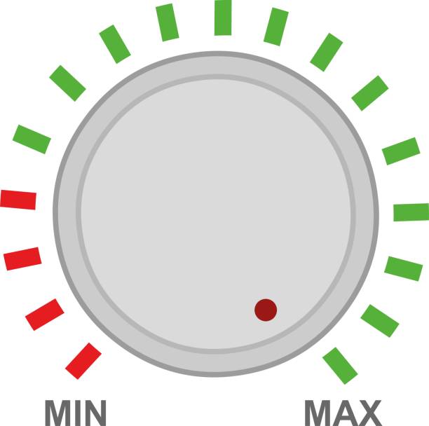 ilustraciones, imágenes clip art, dibujos animados e iconos de stock de perilla de botón vectorial de alto y bajo volumen - sistema de medición de volumen
