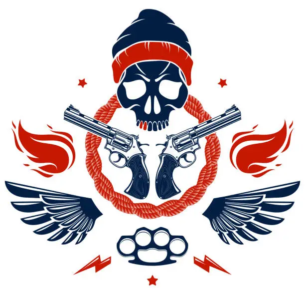 Vector illustration of Revolution and Riot wicked emblem or logo with aggressive skull, weapons and different design elements , vector tattoo, anarchy and chaos, rebel partisan and revolutionary.