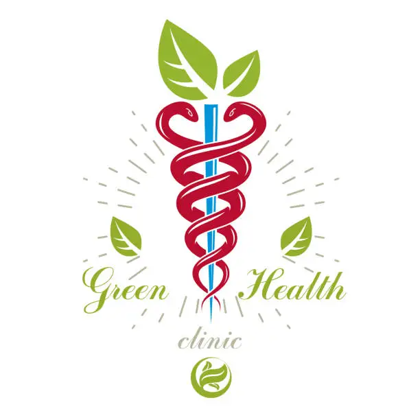 Vector illustration of Caduceus medical symbol, graphic vector emblem for use in healthcare. Phytotherapy metaphor.