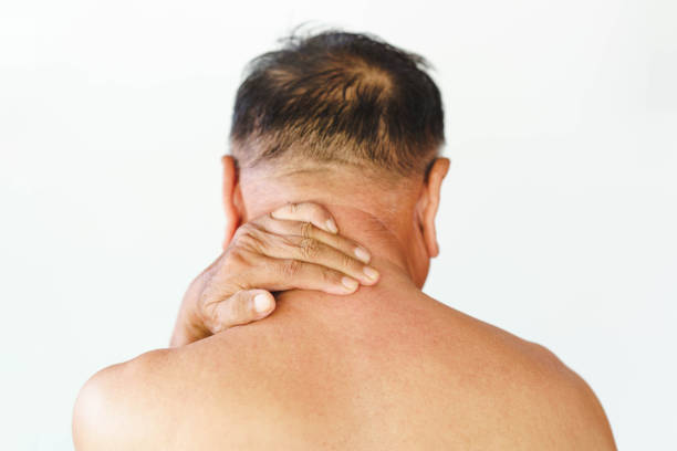 Elderly have back or shoulder pain from sitting incorrectly, exercising, or deterioration of the body. Concept of health problems in the elderly.