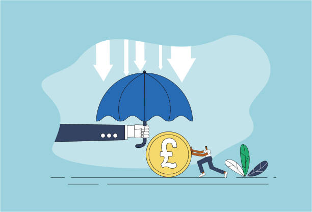Umbrella, man pushes sterling currency, stock market falls. Umbrella, man pushes sterling currency, stock market falls. recession protection stock illustrations