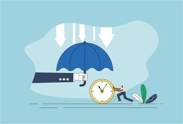 Vector illustration of Umbrellas, clocks, stock market drops.