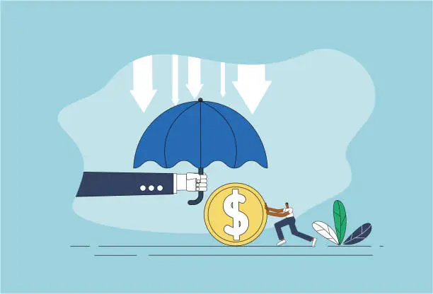 Vector illustration of Umbrella, man pushes dollar, stock market falls.