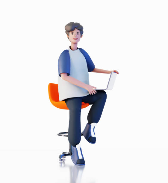 istock Young IT specialist works with laptop. Busy business life, Help, support, finding solution idea. Happy office workers 3D rendering illustration 1446702990
