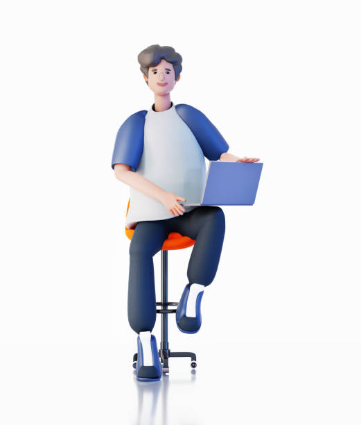 istock Young IT specialist works with laptop. Busy business life, Help, support, finding solution idea. Happy office workers 3D rendering illustration 1446702991