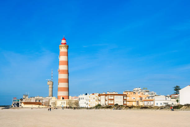 Aveiro, Portugal - 27.11.2022: Sunny view on small beach town Praia da Barra, old lighthouse, empty beach, bright small houses Aveiro, Portugal