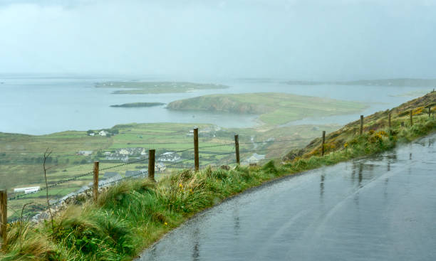 narrow country road on a rainy day at the Ring of Kerry, County Kerry, Republic of Ireland