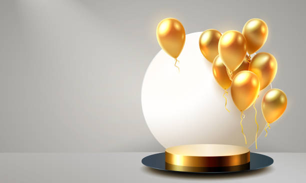 istock balloon golden podium present, celebrate happy birthday, gold platform banner. Vector 1446705126