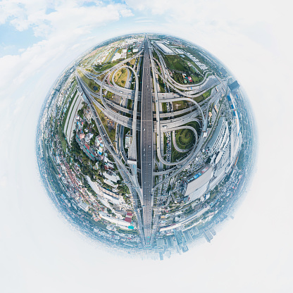 360 Degree Spherical panorama of Expressway road traffic an important infrastructure in Thailand. Transportation and travel concept.