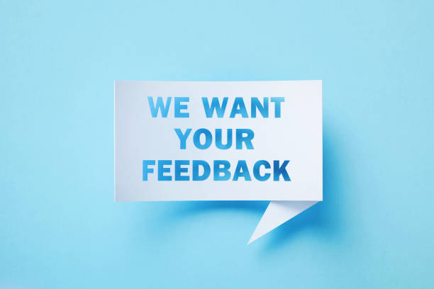 We Want Your Feedback Written Rectangular Shaped White Chat Bubble Sitting On Blue Background We want your feedback written white chat bubble with cutout e-mail symbol sitting on blue background. Horizontal composition with copy space. desire stock pictures, royalty-free photos & images