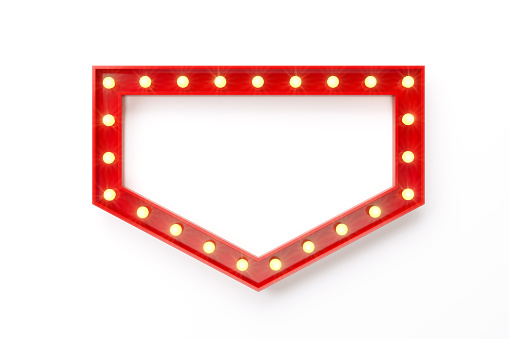 Light bulbs forming a red arrow shaped frame on white background. Horizontal composition with clipping path and copy space.