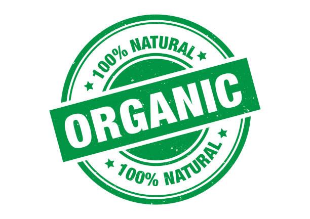 ilustrações, clipart, desenhos animados e ícones de selo verde natural e orgânico em forma de círculo - 100 organic