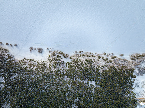 Snow-covered forest on lake shore with ice at sunset, aerial view. Beautiful winter forest landscape. Picturesque northern nature.