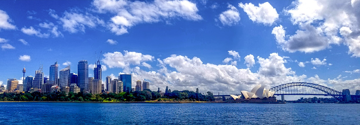 A panorama of Sydney Harbour Bridge, the Opera House and Downtown