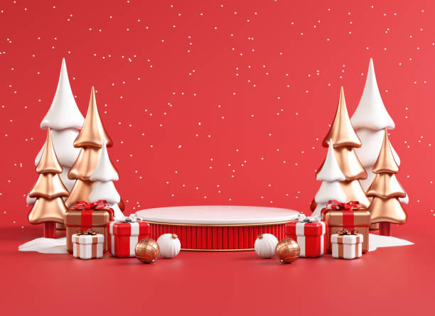 istock Christmas banner background with a podium platform red and gold festive stuff in 3D illustration 1446710161