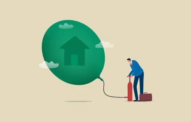 Vector illustration of Real estate or property bubble. House mortgage interest rate rising up. real estate inflation. Businessman inflates a house symbol balloon with tire pump. illustration