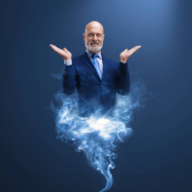 istock Business executive genie appearing and smoke 1446712302