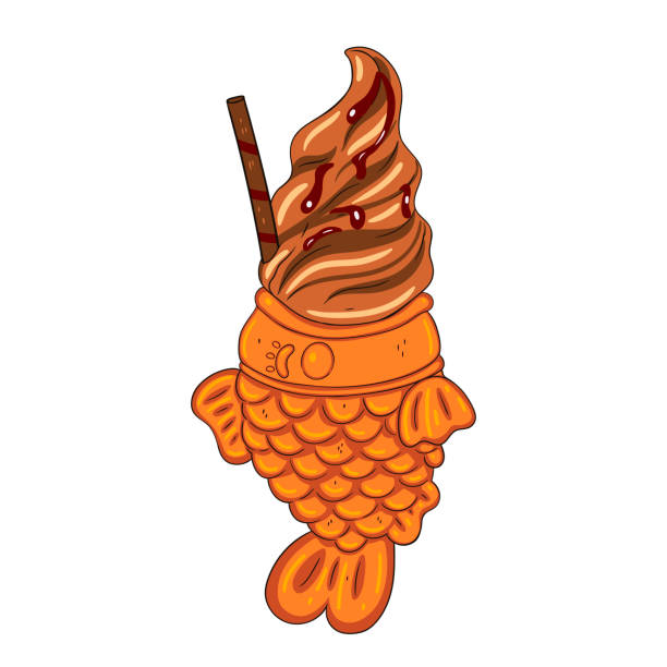 lody czekoladowe w postaci izolatu ryb taiyaki na białym tle. grafika wektorowa. - snack street food chocolate waffle stock illustrations