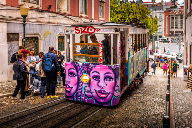 Lisbon, Portugal - October 31, 2022: colorful tram in the streets of Lisbon