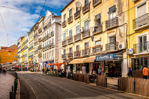 Lisbon, Portugal - October 31, 2022: View along a street in the old town of Lisbon in Portugal. Lisbon is the capital city of Portugal.