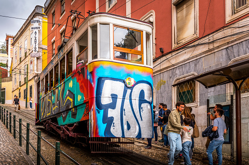 Lisbon, Portugal - Nov 14, 2023: The funicular offers both locals and tourists a scenic and convenient way to traverse the hilly terrain of Lisbon.
