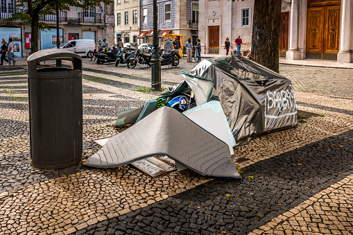 Lisbon, Portugal - October 31, 2022: Homeless tent in middle of Lisbon in Portugal