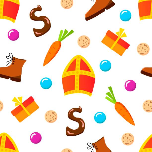 stockillustraties, clipart, cartoons en iconen met simple bright colorful vector seamless pattern. celebration of saint nicholas day, sinterklaas. red miter, shoes, carrots, gifts and cookies on a white background. - pepernoten