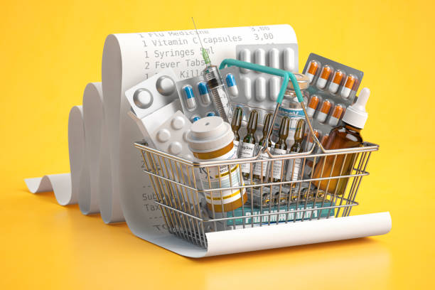 shopping basket full of medicines, pills, blisters and vaccine on a receipt. expensive medicine and healthcare concept. - note pad medicine healthcare and medicine pharmacy imagens e fotografias de stock