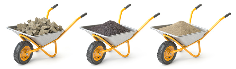 Set of wheelbarrow full of construction and agriculture materials such as humus, stone and sand isolated on  white. 3d illustration